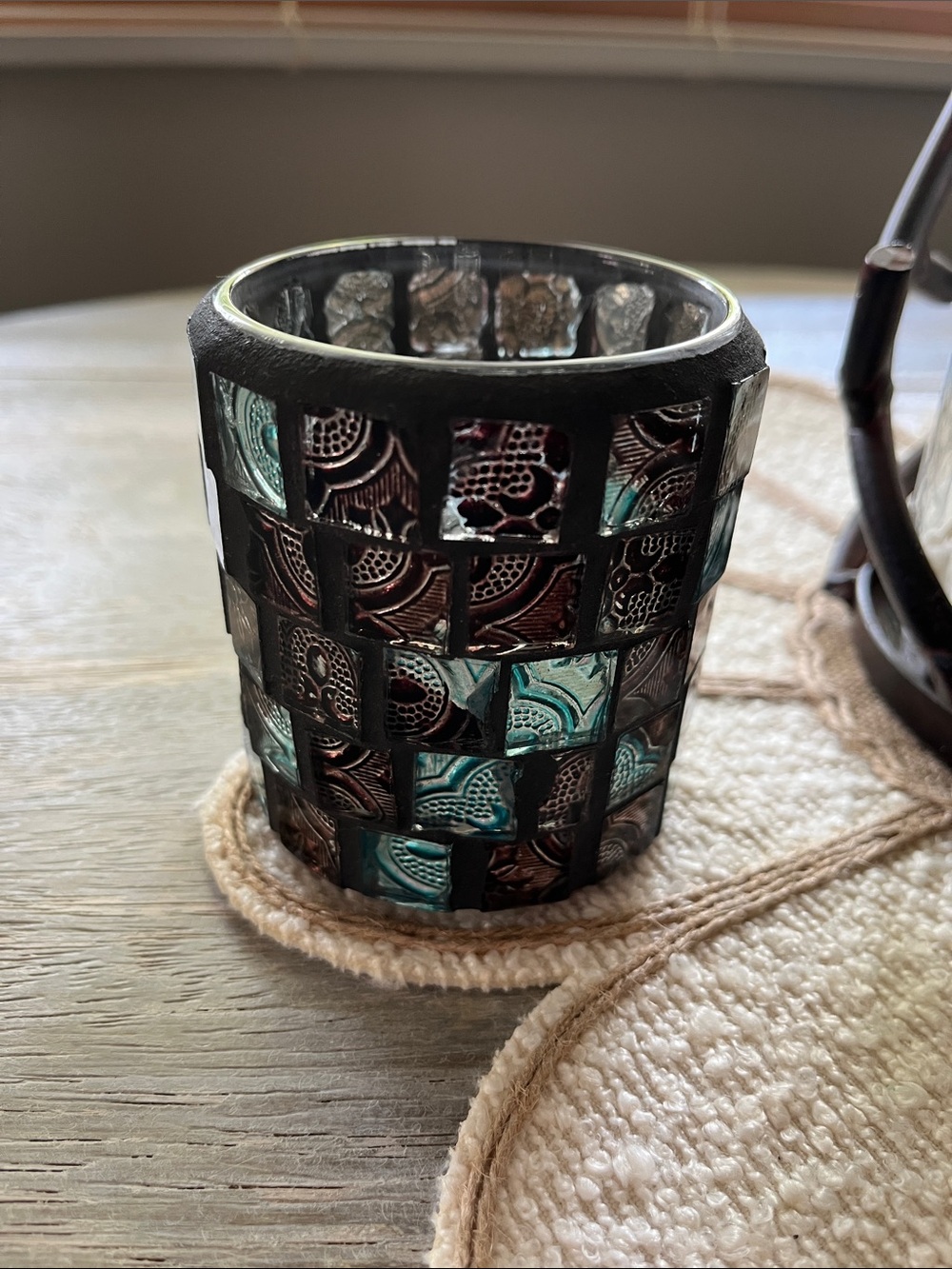 Blue and brown glass mosaic candle holder